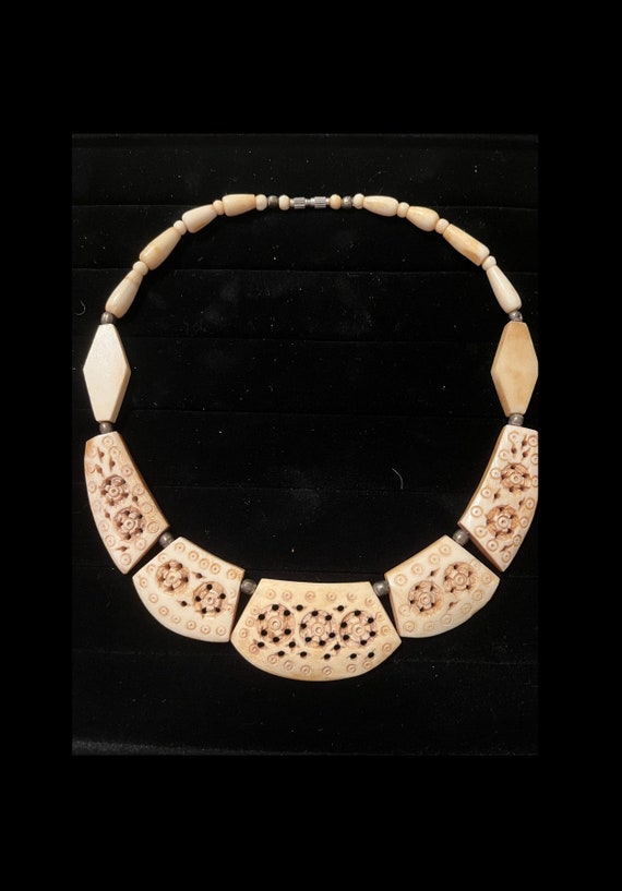 Exotic Hand Carved Bone Beaded Vintage Necklace - image 1