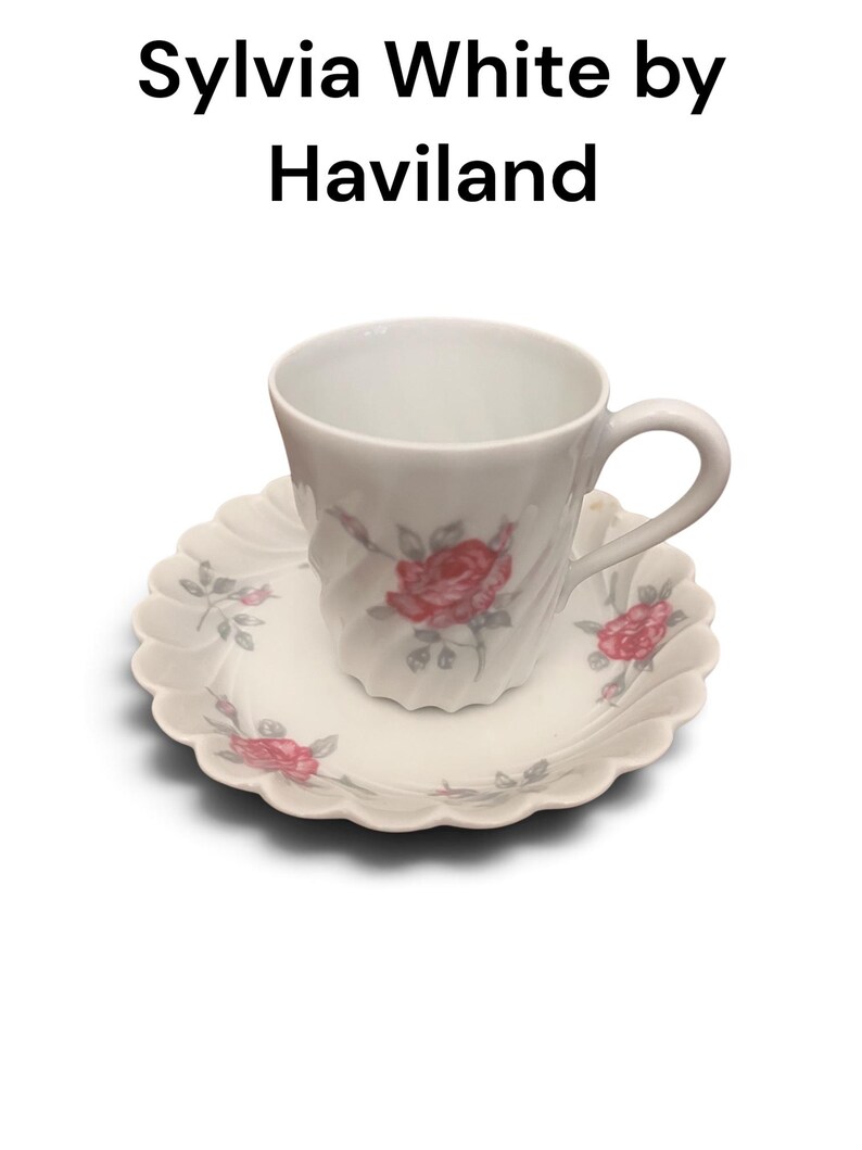 Pode incluir: Um conjunto de ch&aacute;vena e pires em porcelana branca Sylvia White by Haviland com um delicado padr&atilde;o floral de rosas cor-de-rosa e folhas verdes. A ch&aacute;vena tem uma textura espiralada e o texto Sylvia White by Haviland est&aacute; presente.