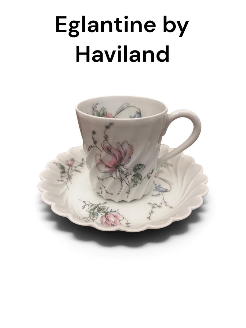 Pode incluir: Um conjunto de ch&aacute;vena e pires de porcelana branca da Haviland no padr&atilde;o Eglantine. A ch&aacute;vena apresenta um corpo canelado em espiral com ilustra&ccedil;&otilde;es de rosas cor-de-rosa e folhas verdes. O pires tem uma borda recortada e motivos florais.