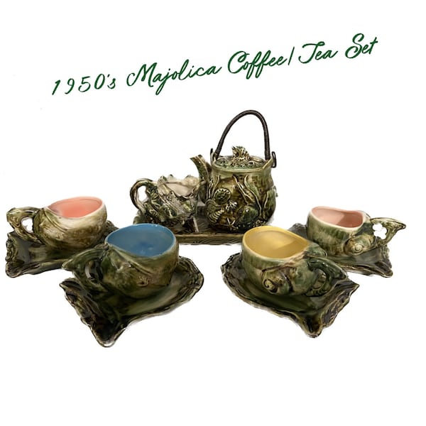 1950s French Majolica Seashells Tea Set / 4 Cups and Saucers; Tea Pot; Creamer; Small Serving Tray