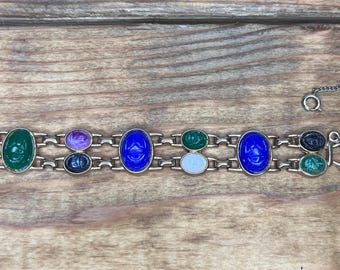 Bracelet Vintage Égyptien Ancien Avec Scarabée Et Cabochons - Métal Argenté - Occasion