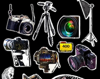 May include: A set of colorful stickers featuring photography equipment, including cameras, lenses, film, a tripod, and a flash. The stickers also include the words "Create", "I Shoot People", and "Pose".