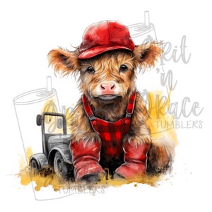 May include: A cute Highland cow calf wearing a red hat and overalls with a red and black plaid pattern. The calf is sitting in a field of grass with a tractor in the background.