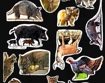 May include: A collection of 12 illustrated animal stickers featuring a variety of animals including a raccoon, armadillo, fox, deer, wild boar, turkey, coyote, opossum, and a cougar. The stickers are all white with black outlines and are set against a black background.