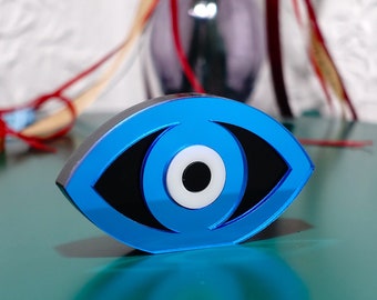 Modern Plexiglass Evil Eye Tabletop Decor – Greek Mati Good Luck Charm, Prosperity Ornament
