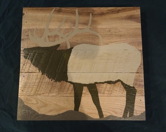 Pallet Art.  Bull Elk.  Handmade, hand painted.  Solid reclaimed Red Oak.  Hardwood