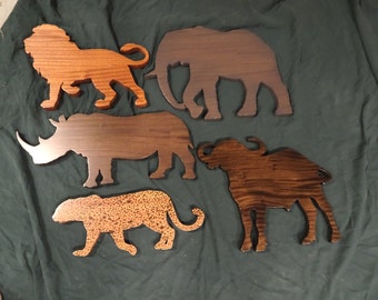 African Big Five animals.  Solid African Sapele hardwood