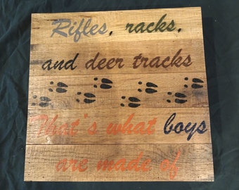 Pallet Art.  Boy's room.  Rifles, Racks, and Deer Tracks, that's what boy's are made of.  Solid Oak.  Handmade, Hand painted