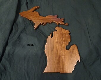 Michigan Plaque.  Upper and Lower peninsulas.  Solid Michigan Black Walnut.