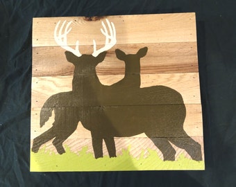 Pallet Art,  Whitetail deer, Oak, Reclaimed hardwood.  Handmade, Hand painted.