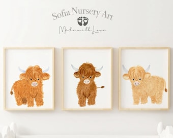 Highland Cow Nursery Art, Farm Nursery Decor, Highland Cow Wall Art, Highland Cow Print Set 3, Farm Baby Animal, Calf, Baby Bedroom