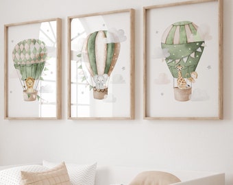 Watercolor Safari Animals Hot Air Balloon Nursery Art Print