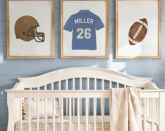 Watercolor Football  Art Print Set 3,  Personalized Nursery Sports Prints