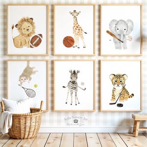 Akvarell djurmotiv, sporter, barnrumstryck, set om 6