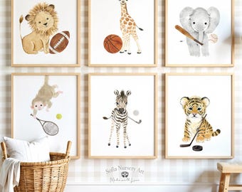 Watercolor Baby Animal Sports Nursery Prints, Set of 6