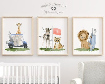 Golf Nursery Print Set 3 - Safari Nursery Art Print, Boys Room, Girls Room, Watercolor Wall Art, Kids Art, Wall Decor, Baby shower Gift