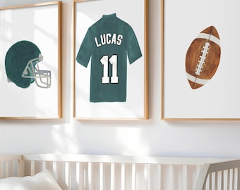 Watercolor Football  Art Print Set 3,  Personalized Nursery sports Prints