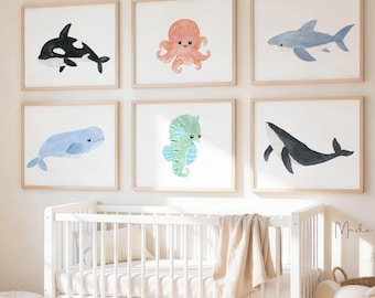 Watercolor Ocean Animal Prints, Nautical Nursery Art, Set of 6