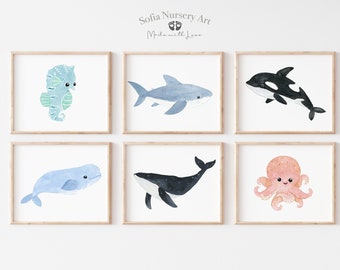 Ocean Animal Nursery Prints, Nautical Nursery wall Art, Ocean Nursery Print Set of 6, Sea Nursery Decor, Sea Animal prints, Ocean Wall Art