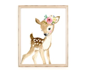 Baby flower crown deer, floral fawn, woodland nursery, nursery print, deer illustration, nursery design, animal painting, watercolor animal