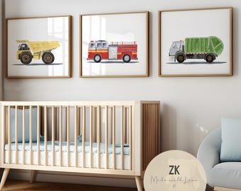 Transportation Nursery Prints, Boy room auto prints, Trucks decor, Fire Truck Decor