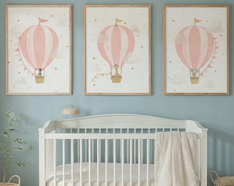 Pink Hot Air Balloon Nursery, Hand-Painted Watercolor Safari Animals Girl Room Decor