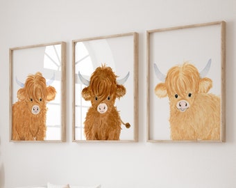 Farm Nursery Decor, Highland Nursery Art, Nursery Prints, Nursery Wall Art, Highland Cow Print Set 3, Farm Baby Animal, Calf, Baby Bedroom