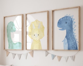 May include: A light wood bench with six storage bins, decorated with three framed watercolor dinosaur prints, a woven giraffe toy, and pillows with a geometric pattern.