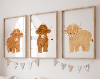 Farm Nursery Decor, Highland Nursery Art, Nursery Prints, Nursery Wall Art, Highland Cow Print Set 3, Farm Baby Animal, Calf, Baby Bedroom