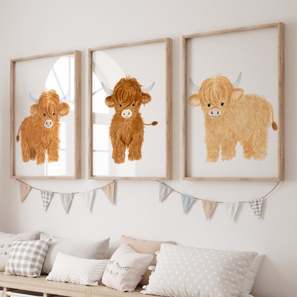 Farm Nursery Decor, Highland Nursery Art, Nursery Prints, Nursery Wall Art, Highland Cow Print Set 3, Farm Baby Animal, Calf, Baby Bedroom