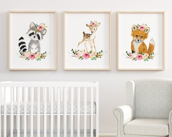 Woodland Nursery Print Set de 3, Baby Animal nursey décor, Nursery Prints, Kids Wall Art, nursery art, fox, cerf, raton laveur, pépinière florale