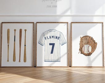 Watercolor Baseball Personalized Art Print Set 3, Watercolor Baseball Nursery, Boy Room Decor, Boy Room Sports Prints, Baby Shower Gift