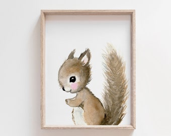 Nursery  squirrel print, woodland nursery decor, nursery print, squirrel painting, squirrel illustration, nursery room design, animal art