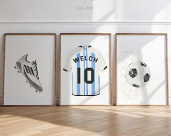 Soccer Personalized Art Print Set 3, Watercolor Soccer Nursery, Boy Room Decor, Sports Prints