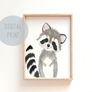 May include: A watercolor illustration of a cute raccoon with a black and white striped tail. The raccoon is looking to the left and has a friendly expression. The illustration is framed in a light wood frame.