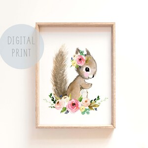 Printable Woodland Nursery Prints, Baby squirrel print, nursery art, animal nursery prints, animal painting, neutral nursery decor