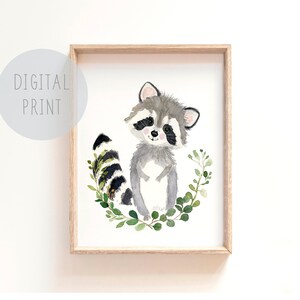 Printable Woodland Nursery Decor, Baby raccoon nursery art, nursery prints, nursery decor,Baby animal painting, neutral nursery prints