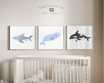 Ocean Animal Nursery Print Set 3, Nautical Nursery wall Art, Ocean Nursery Print Set of 6, Sea Nursery Decor, Sea Animal Prints, Ocean Art