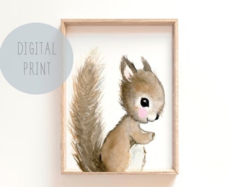 Printable Woodland Nursery Prints, Baby squirrel print, nursery art, animal nursery prints, animal painting, neutral nursery decor