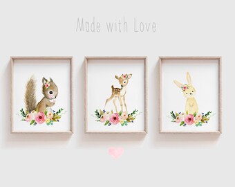 Nursery woodland Print Set of 3 Baby animal nursey set, Nursery Decor, Kids Wall Art, nursery art, squirrel, deer, rabbit, girl nursery