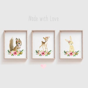 Nursery woodland Print Set of 3 Baby animal nursey set, Nursery Decor, Kids Wall Art, nursery art, squirrel, deer, rabbit, girl nursery