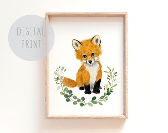 Impressões de berçário de floresta para impressão, estampa de raposa de bebê, arte de berçário digital, imprimíveis de berçário, estampa de berçário de raposa, decoração de berçário neutra