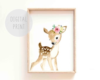 Printable Woodland Nursery Prints, Baby deer, fawn, deer nursery art, nursery prints, nursery design, animal painting, neutral nursery print