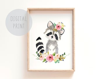 Printable Woodland Nursery Decor, Baby raccoon nursery art, nursery prints, nursery decor,Baby animal painting, neutral nursery prints