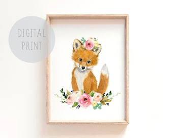 Impressões de berçário de floresta para impressão, estampa de raposa de bebê, arte de berçário digital, imprimíveis de berçário, estampa de berçário de raposa, decoração de berçário neutra