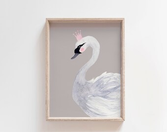 Watercolor- Nursery Swan Print - Nursery Wall Art - Pink and Gray - Nursery Decor - Kids Wall Art, Swan painting, Swan nursery art