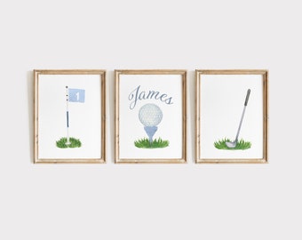 Juego de 3 láminas de golf para guardería, para habitación de niño y niña, acuarela, decoración de pared, regalo para baby shower, arte de golf