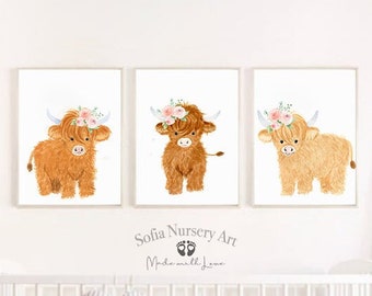 Farm Nursery Decor, Highland Nursery Art, Nursery Prints, Nursery Wall Art, Highland Cow Print Set 3, Farm Baby Animal, Calf, Baby Bedroom