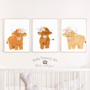 Farm Nursery Decor, Highland Nursery Art, Nursery Prints, Nursery Wall Art, Highland Cow Print Set 3, Farm Baby Animal, Calf, Baby Bedroom