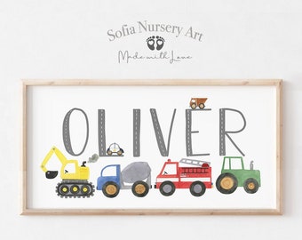 Personalized nursery name sign decor, Construction Vehicles Pano Art, Cars Wall Art, Construction Decor, Firetruck Transportation Nursery